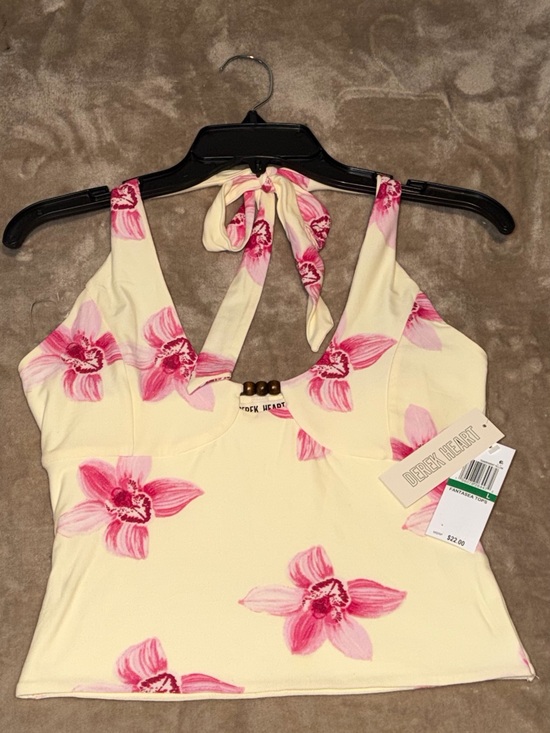 Derek Heart Tops - Derek Heart Cream Pink Floral Tie-Back Halter Crop Top